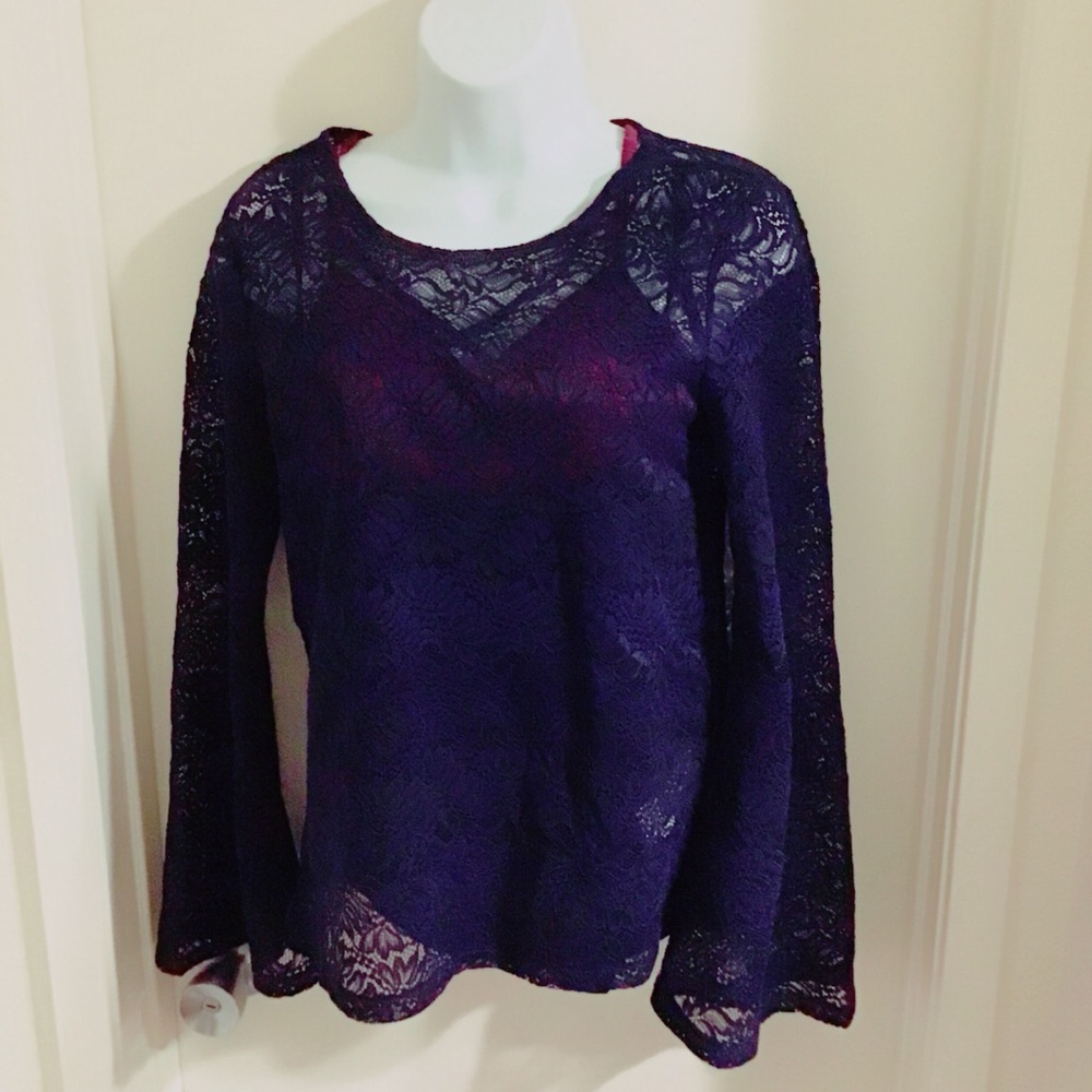 Navy Lace Bell Sleeve Top